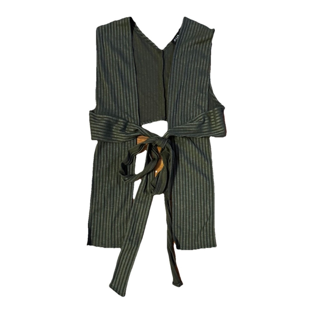 JULIA by Love J Ribbed Tie‎ Front/Back Crop Vest Olive Green Wrap Top Medium